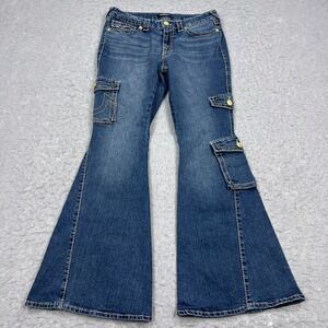 True Religion Low Rise Cargo Flare Jeans Women's 31 Blue Flap Pocket Y2K Denim